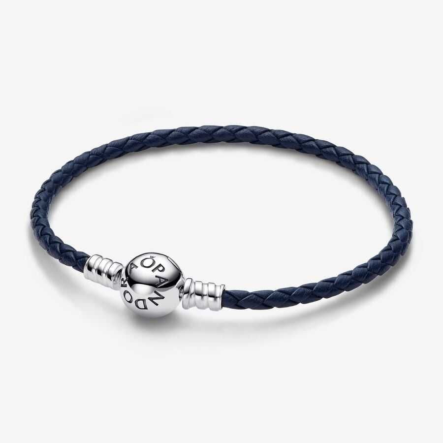 PANDORA Moments bransoletka srebrna skórzana granatowa 20,5cm +PUDEŁKO