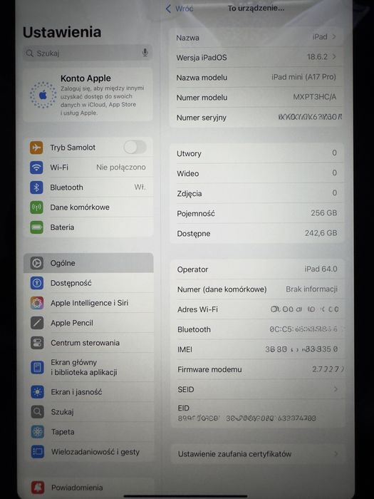 iPad mini 8,3” 7 gen. (A17Pro) 5 G Wi-Fi Cellular 256 GB