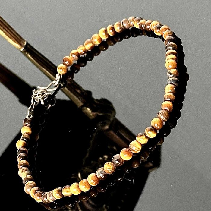 Bransoletka srebra na nogę, naturalne Tygrysie Oko, srebra próby 800