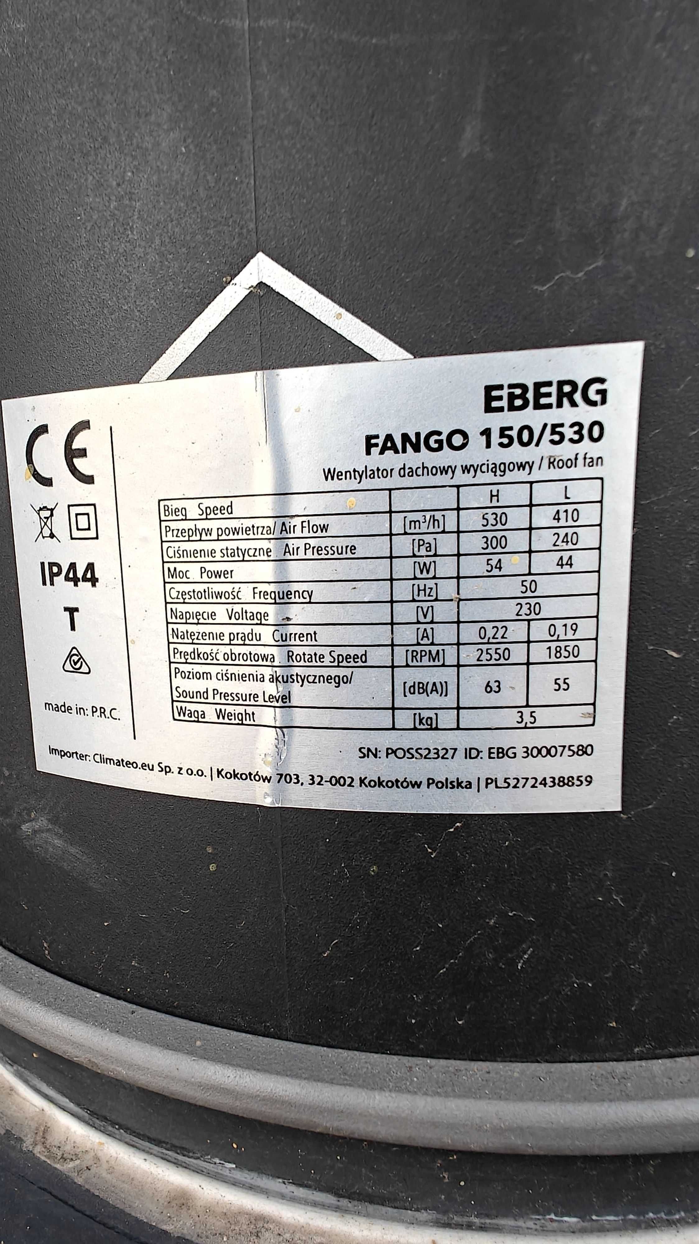 Wentylator dachowy EBERG FANGO 150 530 m3h 2-biegunowy i włącznik