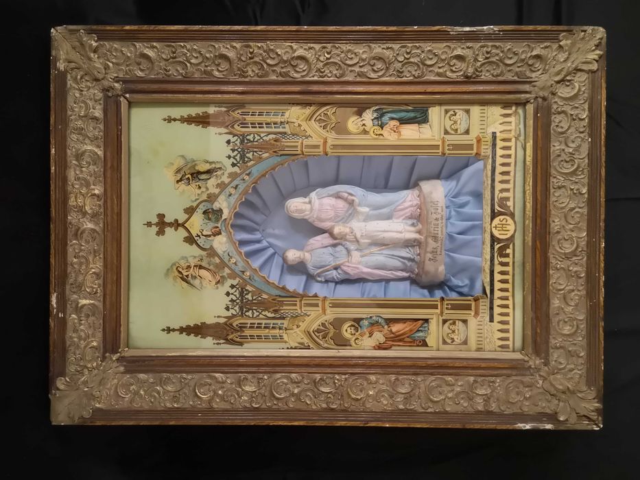 Stary 100-letni ołtarzyk domowy ,,Święta Rodzina,, z pozytywką-unikat