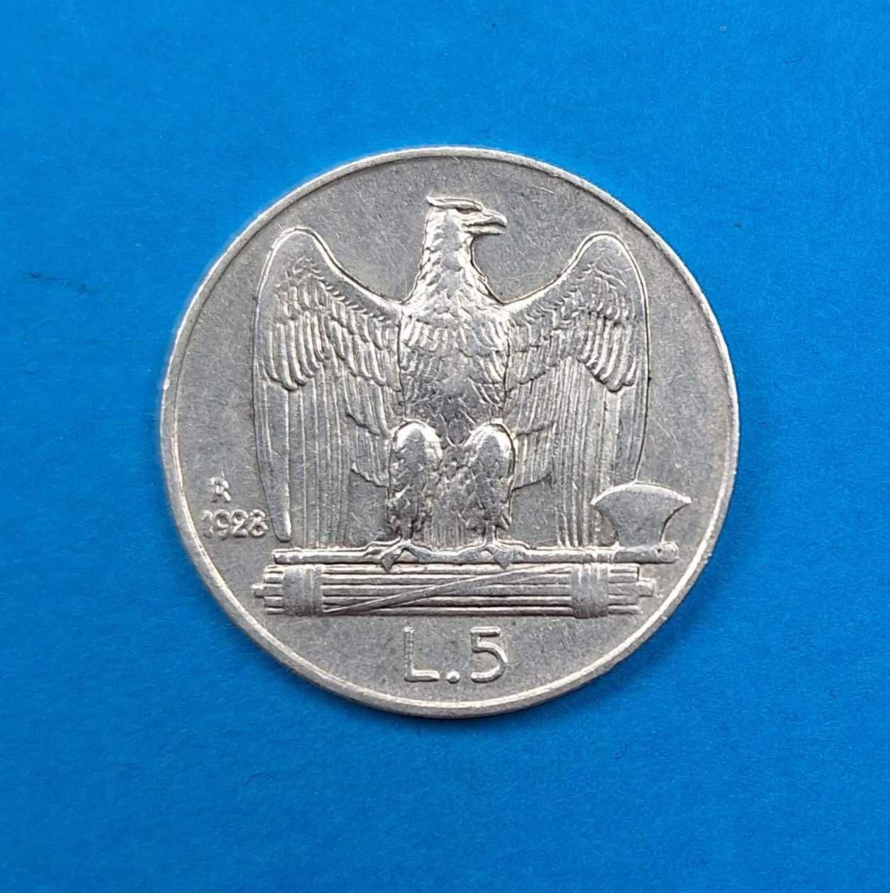 Włochy 5 lirów rok 1928 wersja *FERT*, bdb stan, srebro 0,835