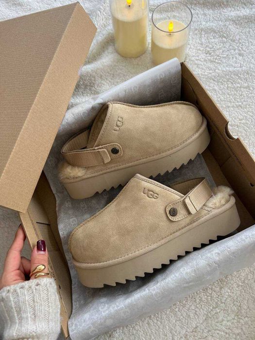 Угги UGG Lanah Clog Brown Beige Platform / Уггі Ланах Клог бежеві замш