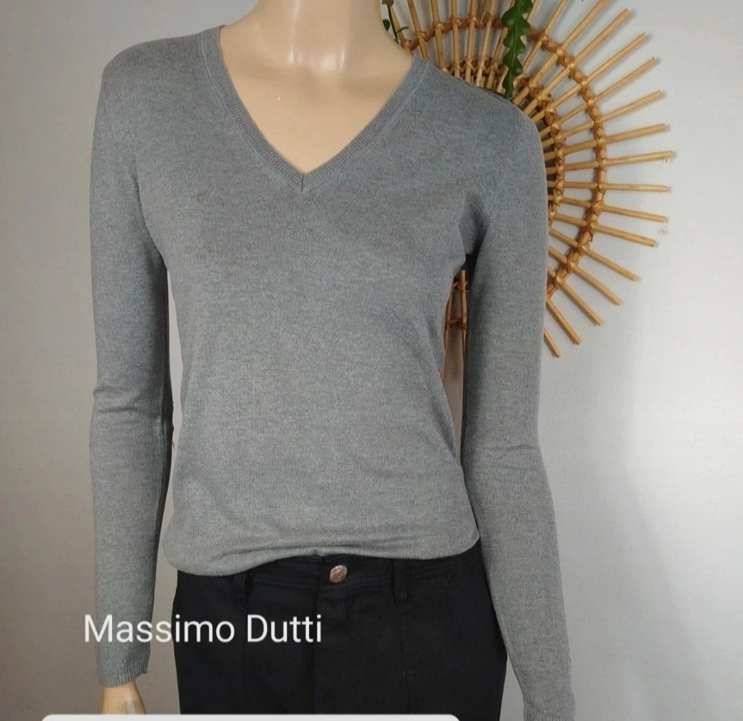 Massimo Dutti sweter M szary jedwab kaszmir bawełna dekolt V klasyczny