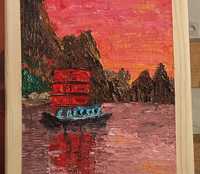 Obraz ręcznie malowany, na drewnie, rękodzieło, czerwony zachód słońca