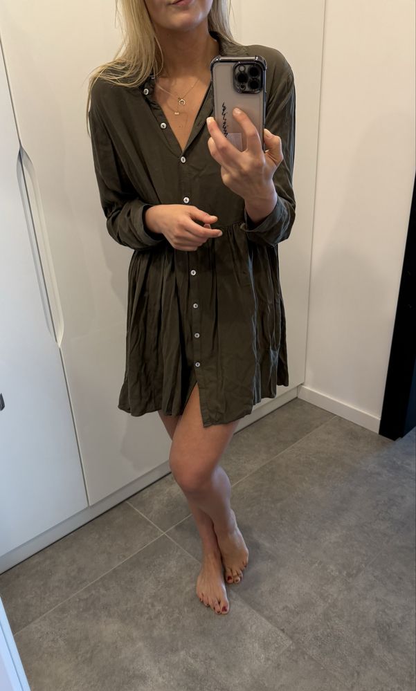 H&M 40 L sukienka zielona guziki oversize khaki