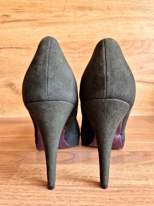 5TH AVENUE 38 eleganckie ciemnozielone czółenka na platformie skóra 38