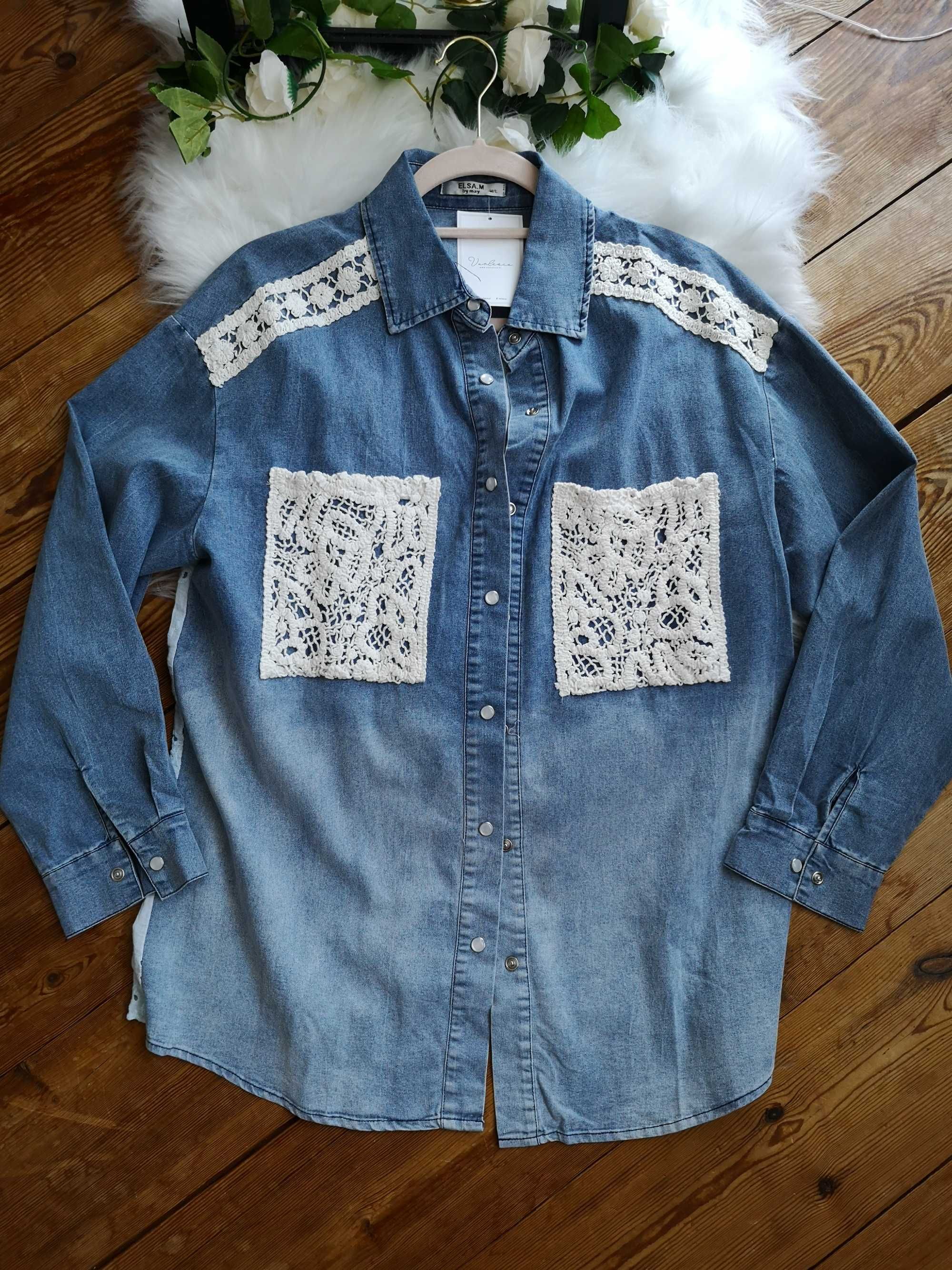 Koszula jeansowa 38 M 40 L Varlesca koronka boho oversize nowa