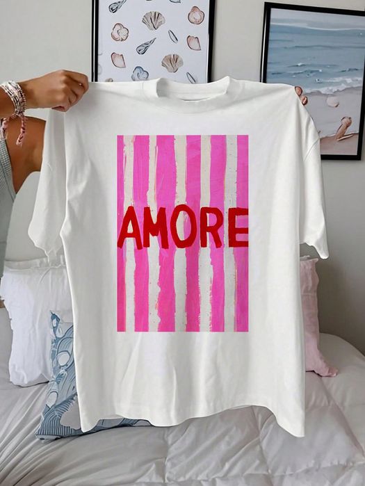 T-Shirt Luźny Z Nadrukiem Slogan Biały Casual Shein L 40
