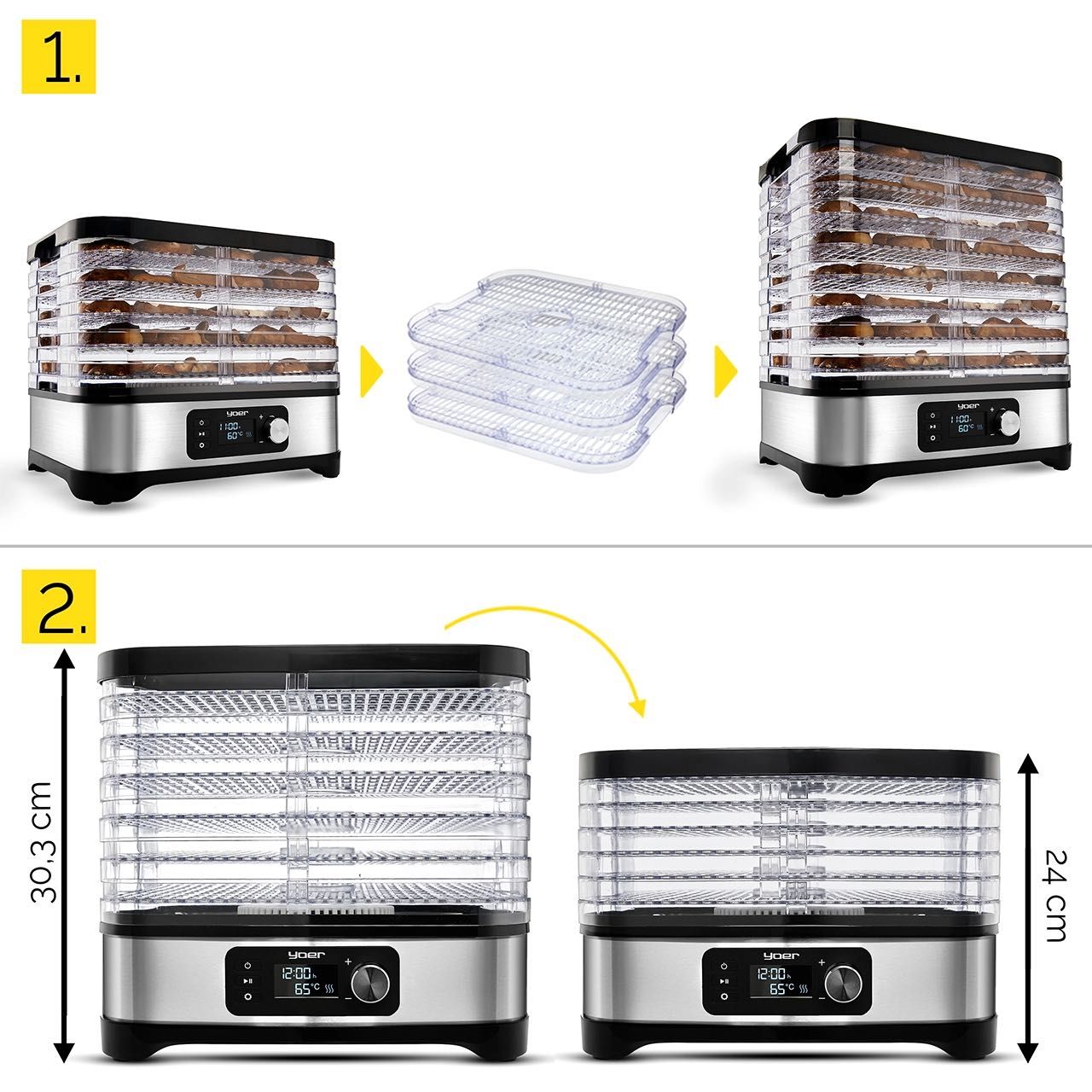 Duża suszarka do grzybów owoców Yoer 450W INOX timer 6 sit
