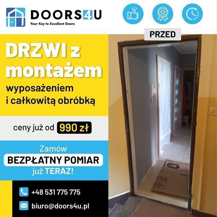 Drzwi z MONTAŻEM WEJŚCIOWE, wewnątrzklatkowe, dźwiękoszczelne