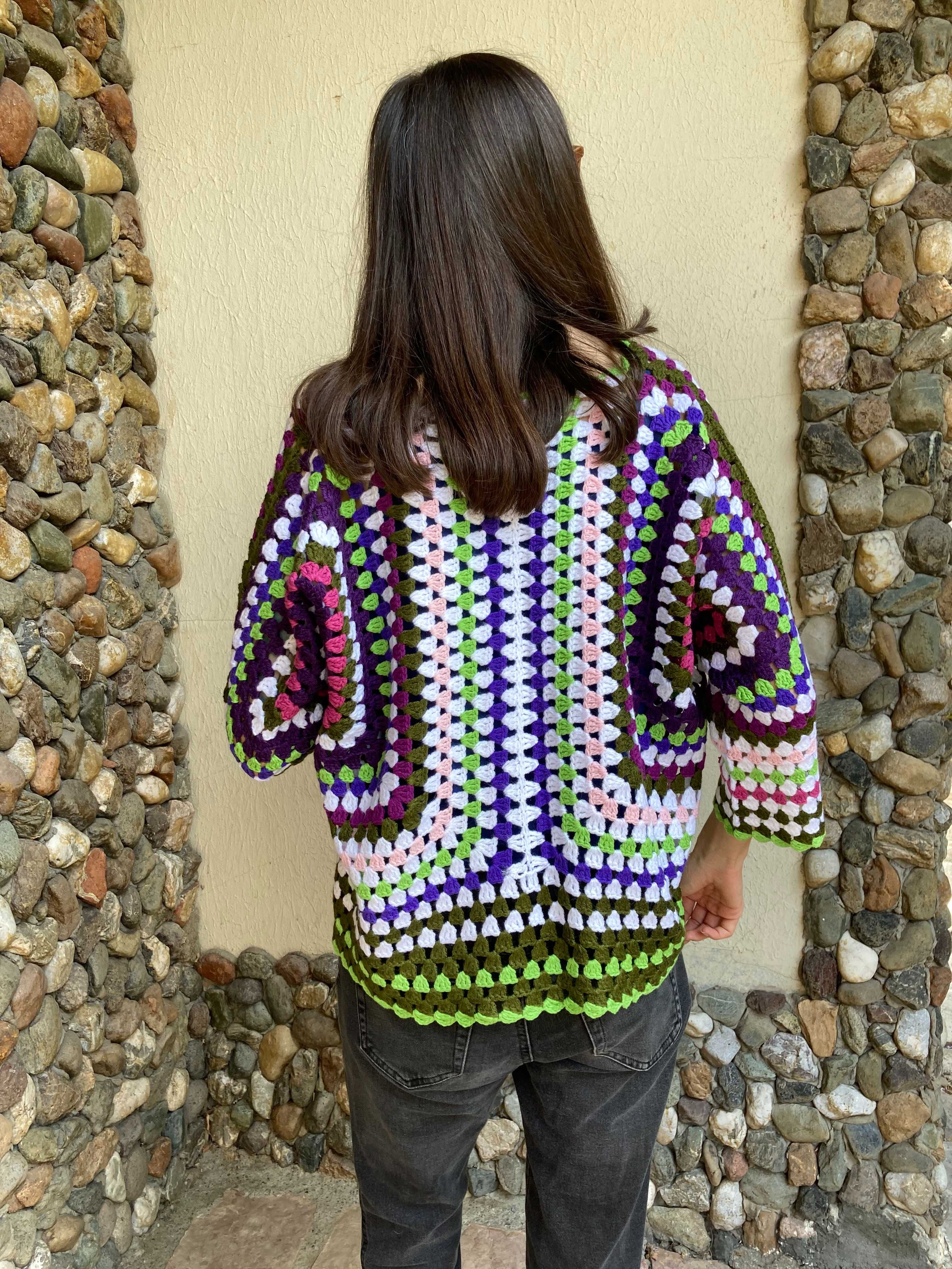 Crochet Cardigan casaco feito a mao / roxo, cor de rosa, verde
