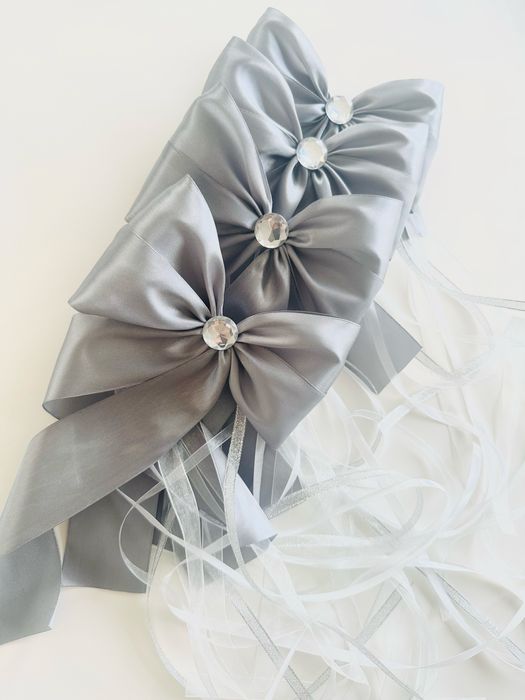 Kokardy na klamki Auta 4 szt. Dekoracje ślubne na samochód Szare