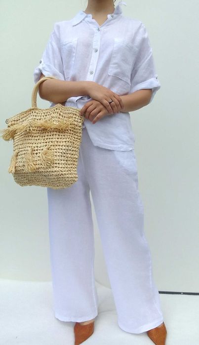 Nowa lniana biała koszula bluzka 100% len puro lino S M L uniwersalna