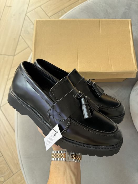 Oryginalne Skórzane Półbuty Damskie Zign Wsuwane Czarne na Platformie