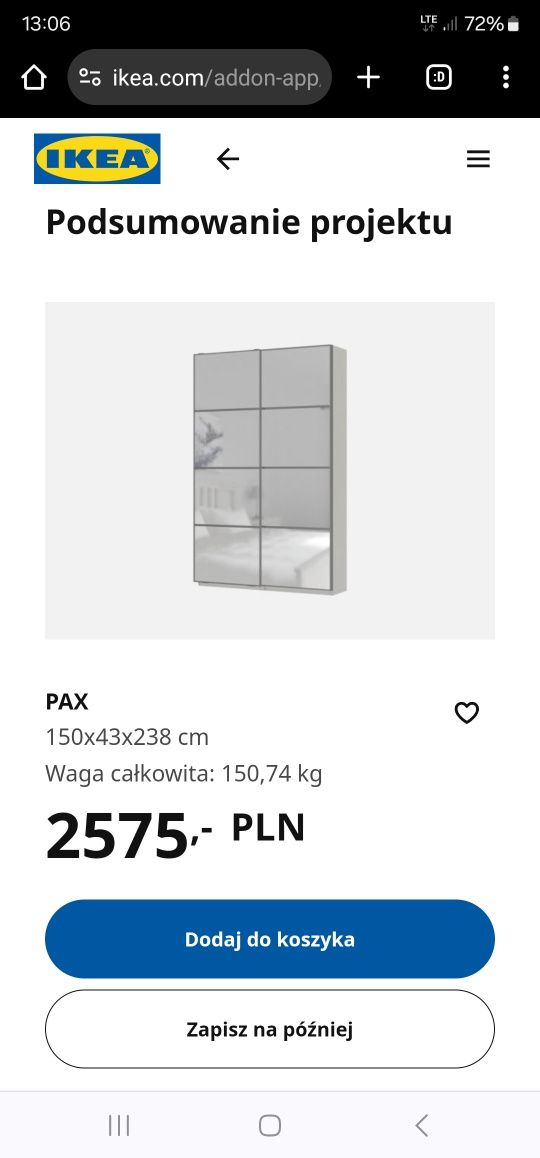 IKEA PAX 150cm przesuwne drzwi LUSTRA czarne ramki szprosy, wyposażona