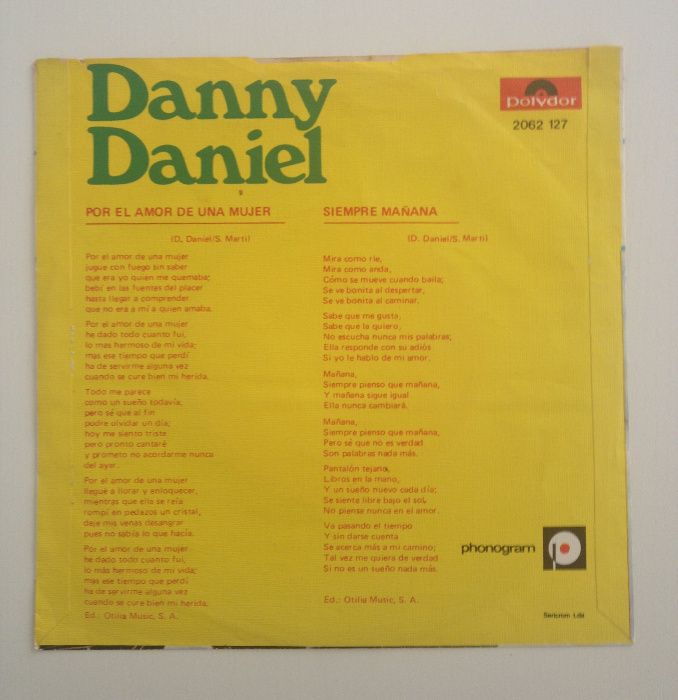 Disco vinil Danny Daniel ‎– Por El Amor De Una Mujer / Siempre Mañana