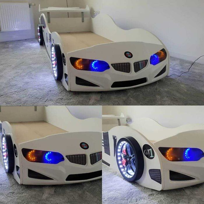 Łóżko w kształcie samochodu Gt1 full światła LED, dźwięki , pilot