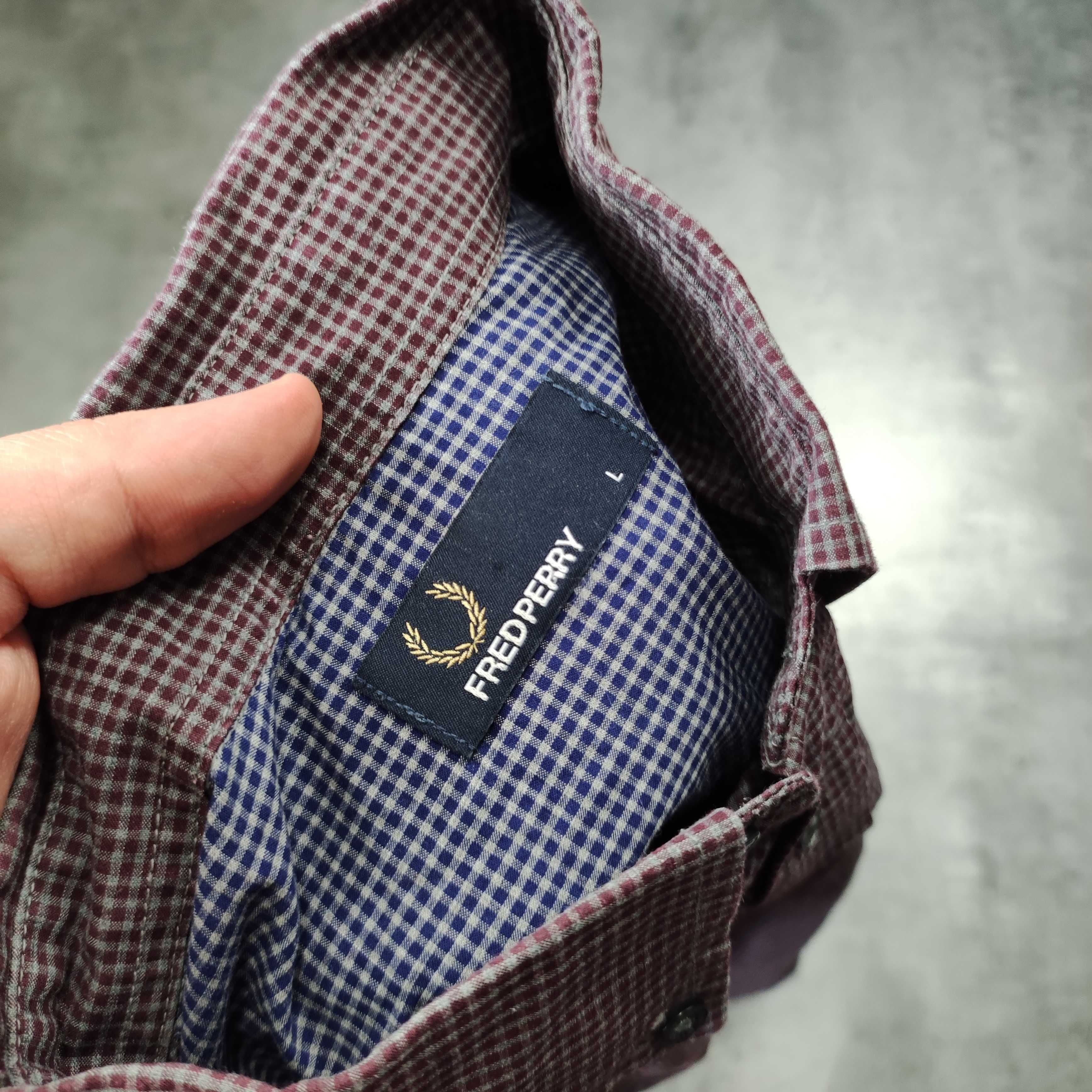 MĘSKA Elegancka Koszula Kratka Bordowa PREMIUM Fred Perry Klasyk Haft