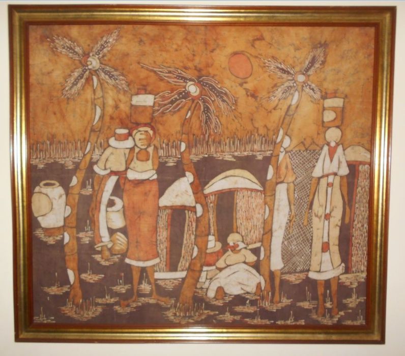 Arte africana: interessante Batik emoldurado, originário de Moçambique