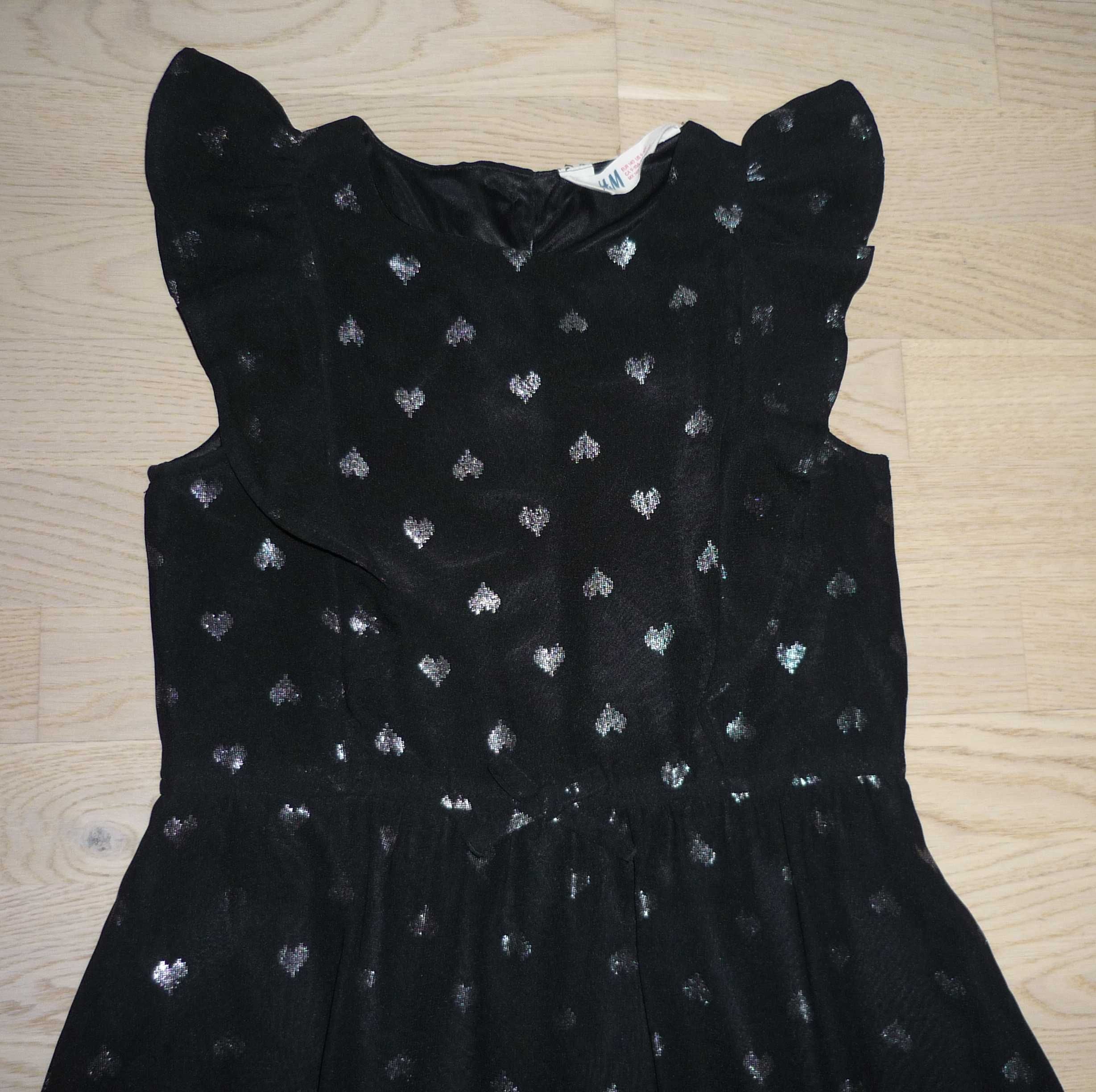 Czarna sukienka H&M 9-10 lat Srebrne serduszka + Opaska uszy Karnawał
