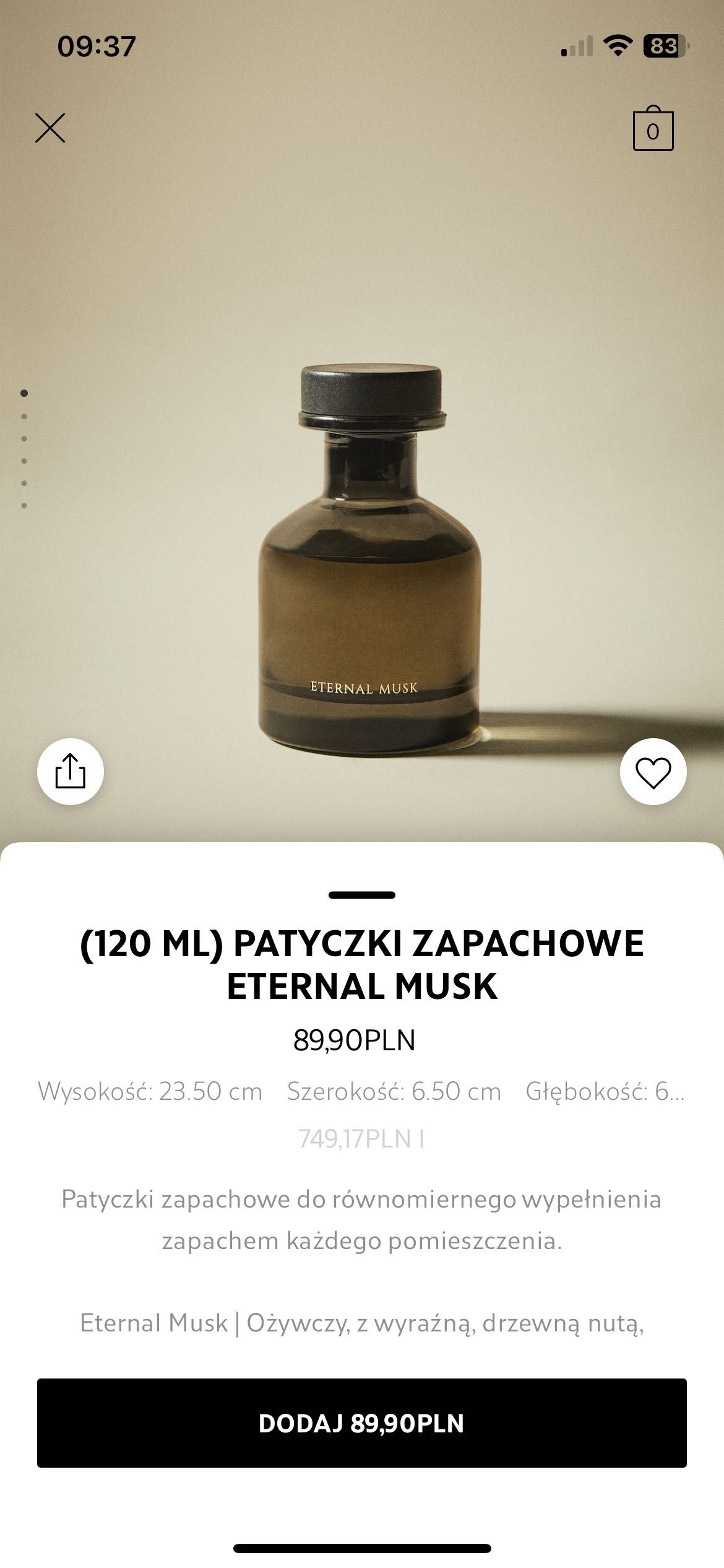 Patyczki zapachowe eteral Musk Zara Home