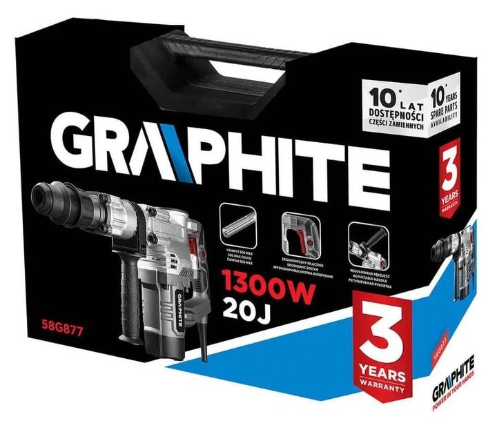 Młot Udarowy Wyburzeniowy Do Kucia 20j Sds Max 1300w Walizka Graphite