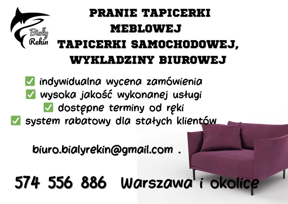 Pranie tapicerki meblowej, tapicerki samochodowej, wykładziny biurowej