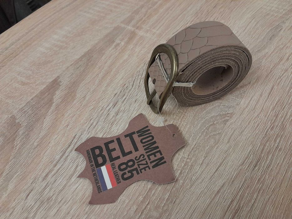 Nowy skórzany pasek z Holandii, Fancy Style beżowy_wzór/ 85_kl mosiądz