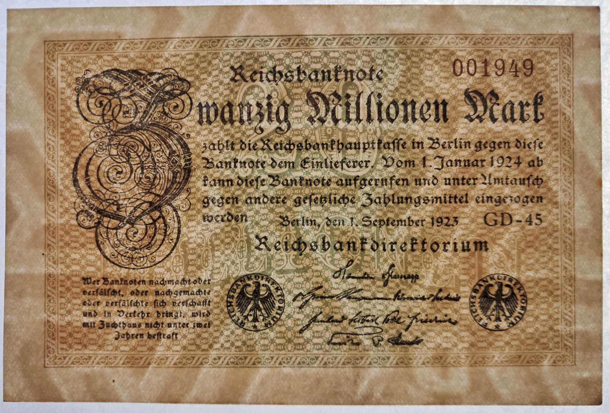 Banknot 20 milionów marek 1.09.1923 Niemcy