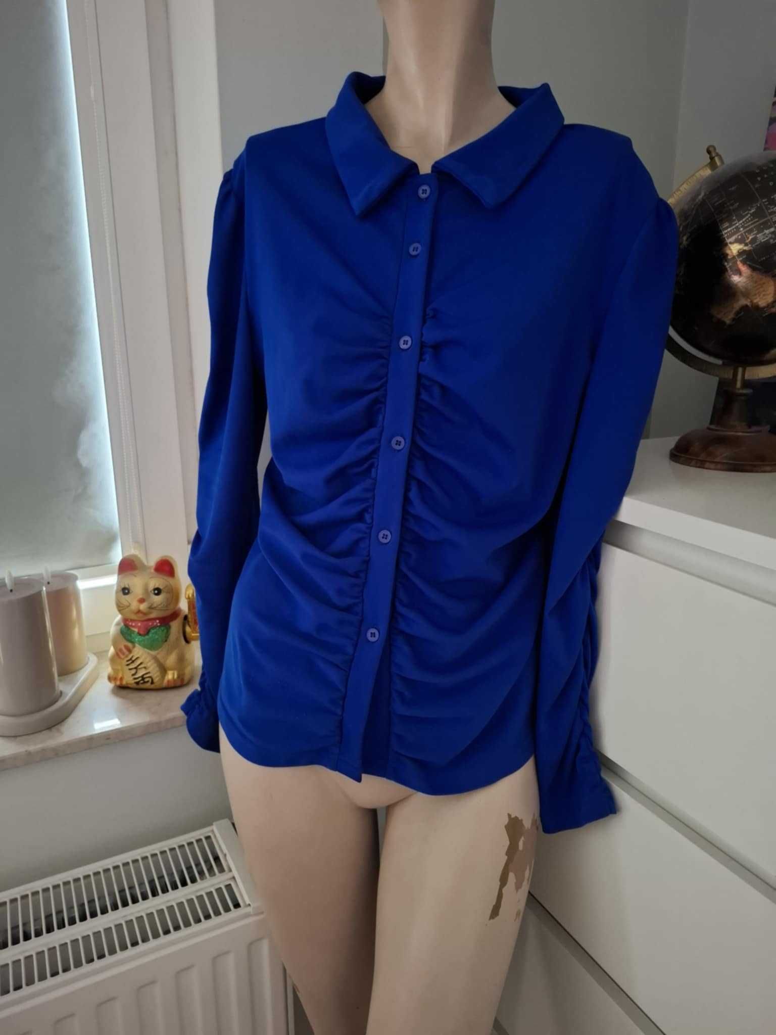 XL 42 niebieska chabrowa kobaltowa koszula drapowana marszczona retro