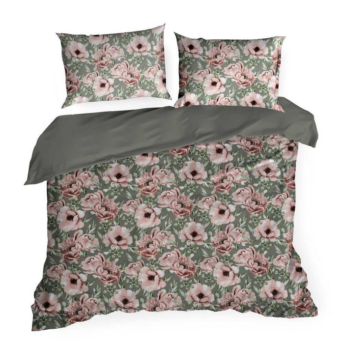 Pościel komplet pościeli 160x200cm bawełna stalowy różowy kwiaty