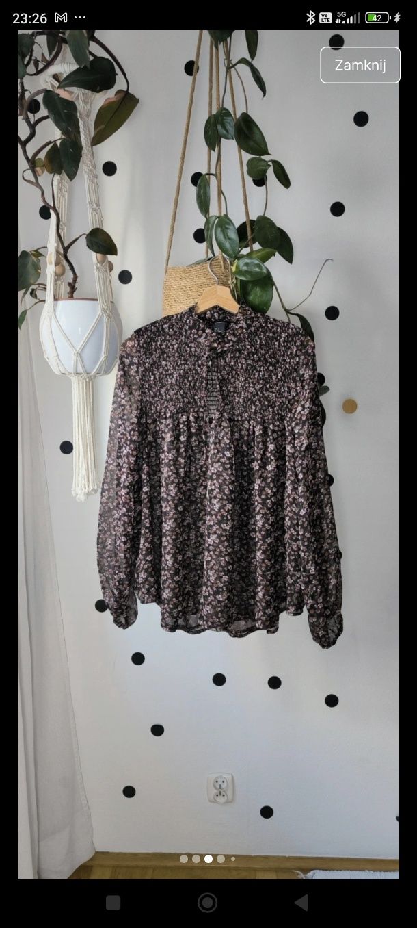 M/L/xl czarna w kwiaty luźna rozkloszowana bluzeczka koszula wiązana b