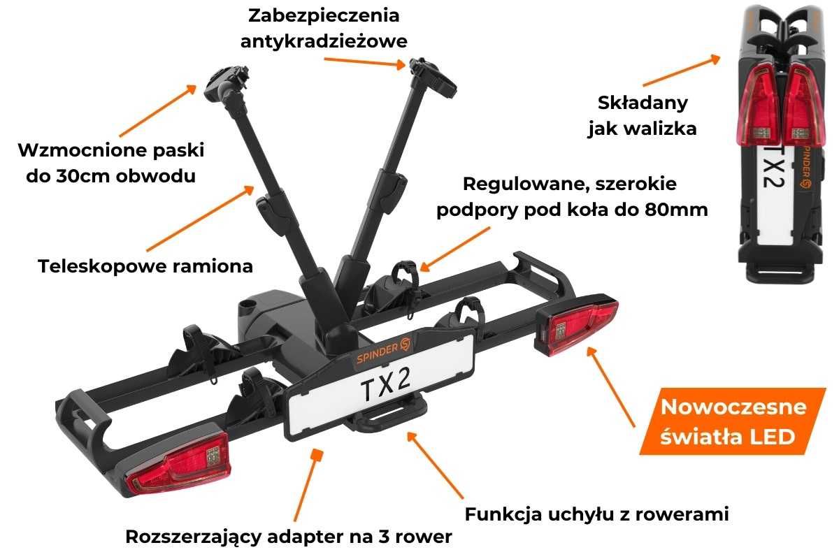 Składany Bagażnik platforma rowerowa na hak SPINDER TX2 2-3 rowery