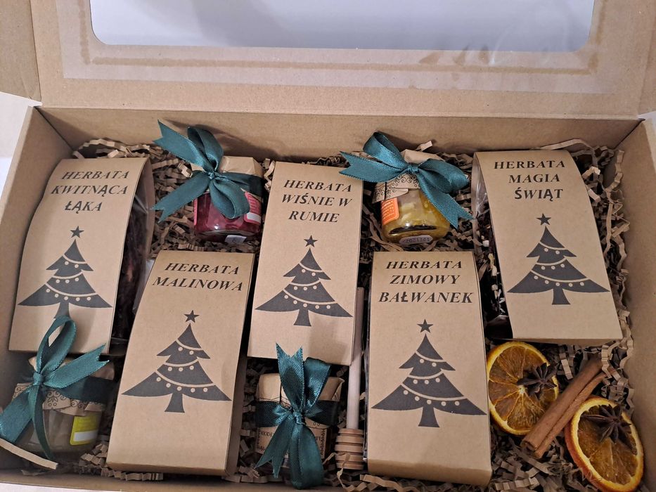 Mega duży zestaw prezentowy 5 herbat, 3x konfitura, miód, czerpak