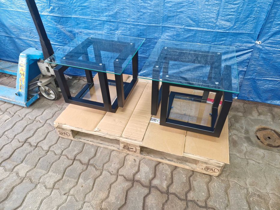Stolik kawowy loft 45x45x45 cm szklany blat i półka Nowy!!!