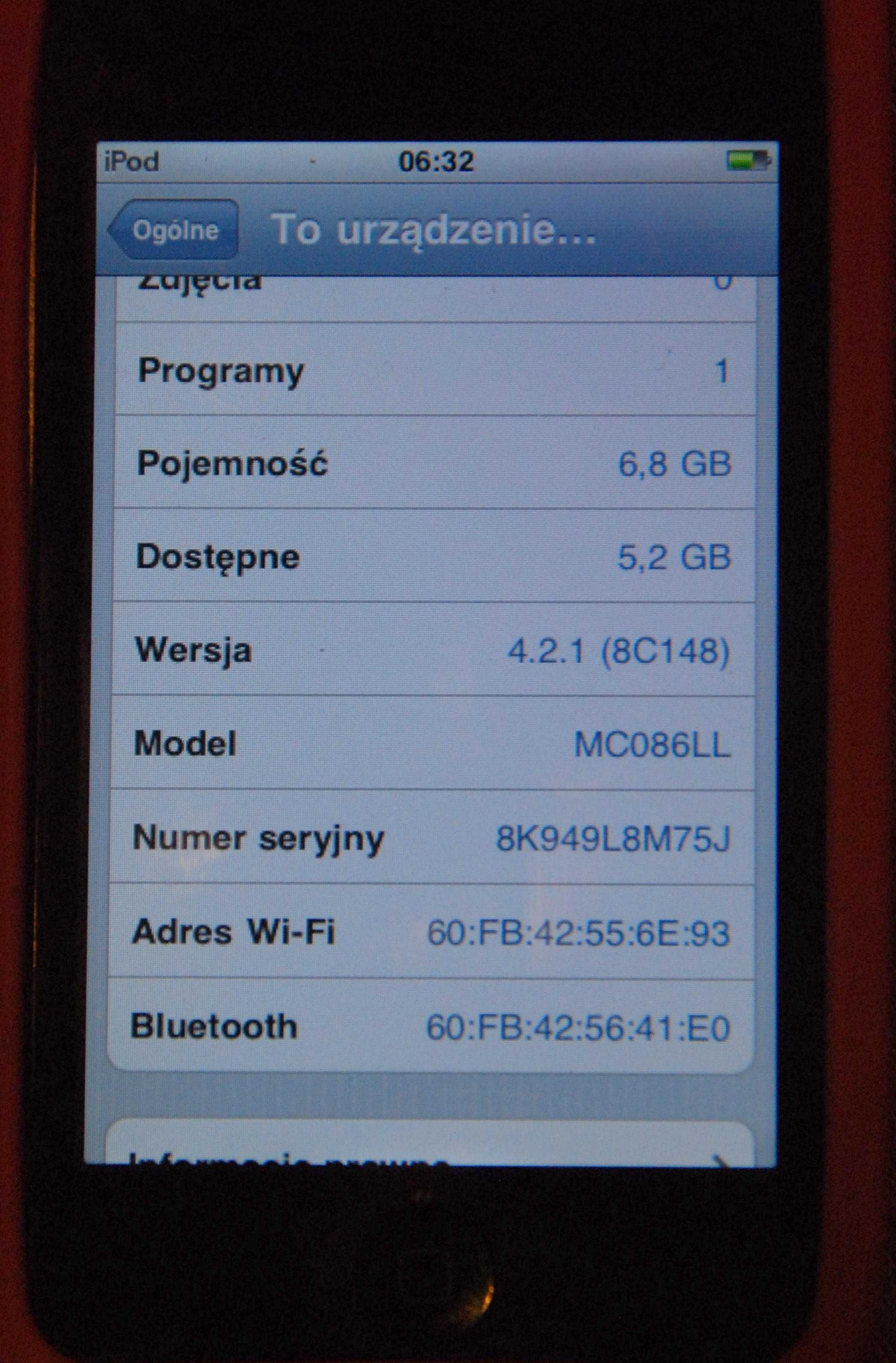 Kolkcjonerski Apple iPod touch 8GB 4.2.1 Model: MC086LL 100% sprawny