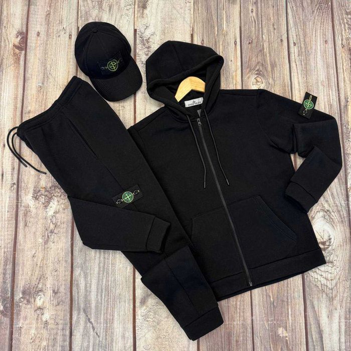 Теплий чоловічий спортивний костюм Stone Island футболка, жилет, кепка