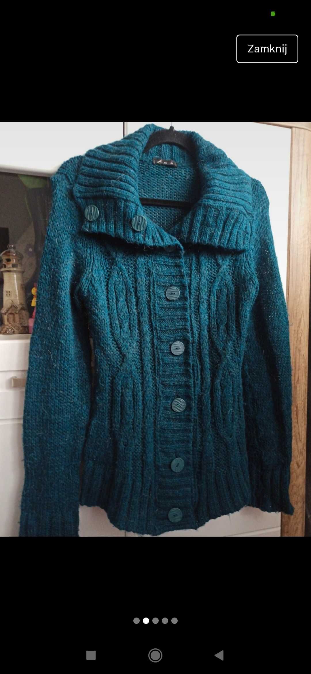 Ciepły piękny sweter rozpinany dłuższy kardigan butelkowa zieleń L 40