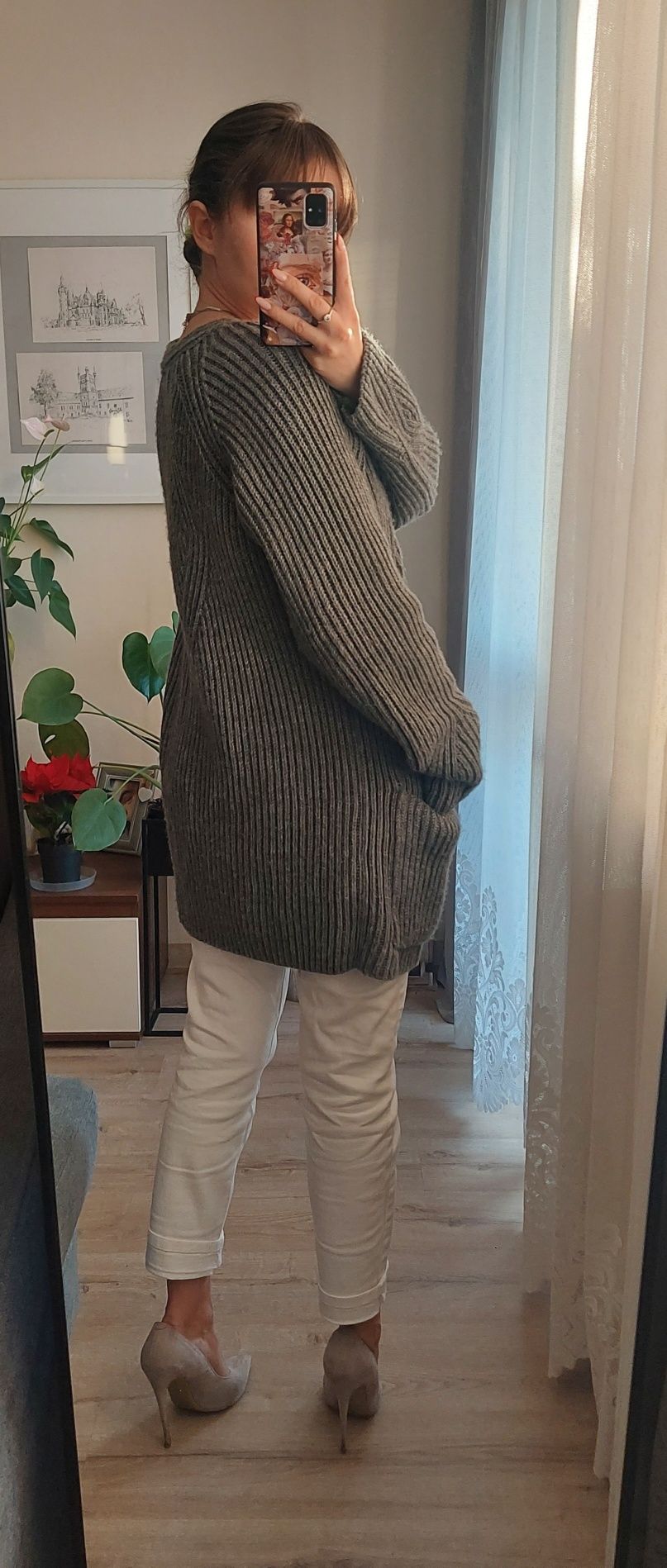 Ciemnoszary długi sweter oversize zapinany kardigan splot Zara Knit M