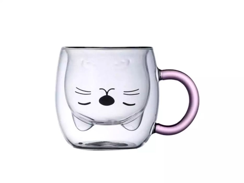 Kubek szklanka termiczna podwójna ścianka Kot różowy uchwyt