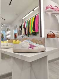 Golden Goose Superstar Sneakers With Pink Glittery Star and Yellow