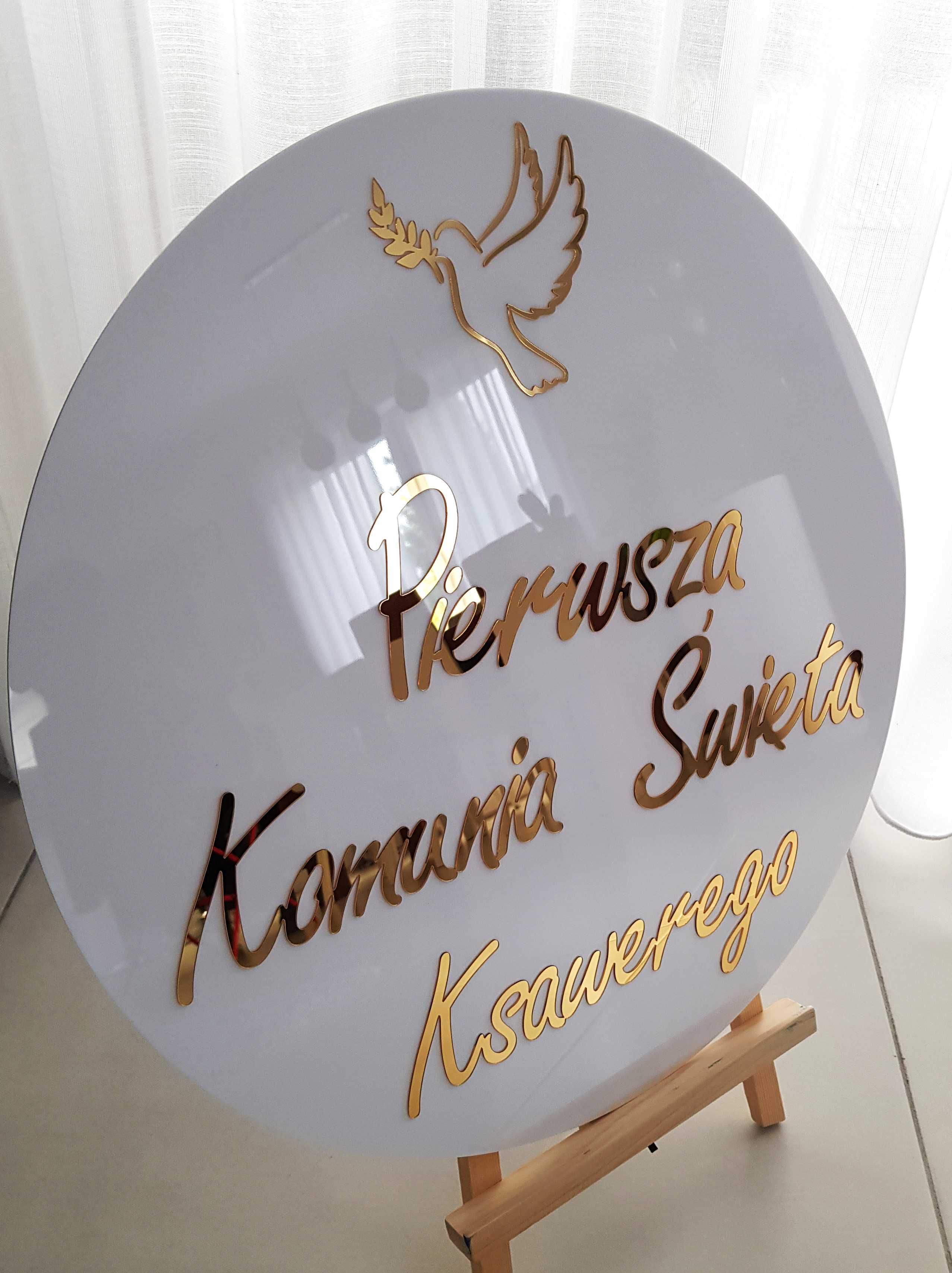 Dekoracja komunia, ślub. Koło tablica powitalna złoty napis
