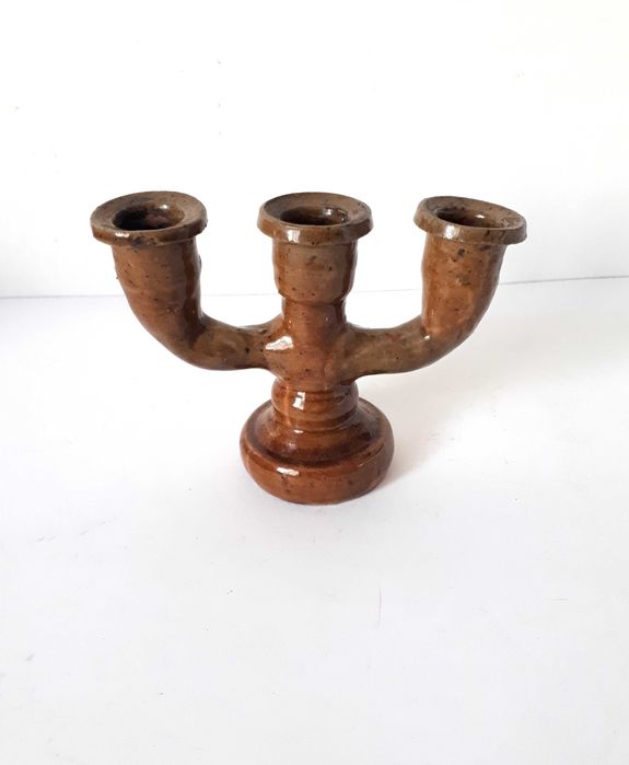 świecznik ceramiczny Iłża Chałupnik Cepelia trójramienny vintage