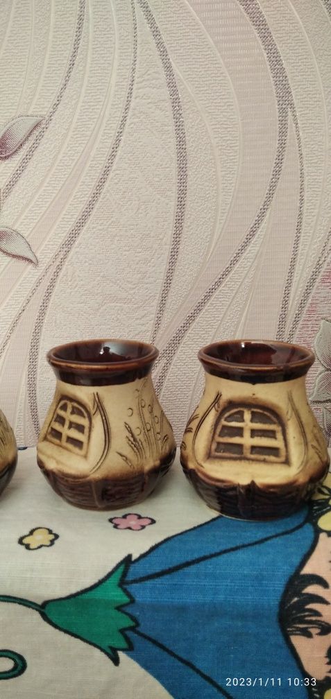 Сувенирный глиняный набор для коньяка и водки. Графин и стаканчики.