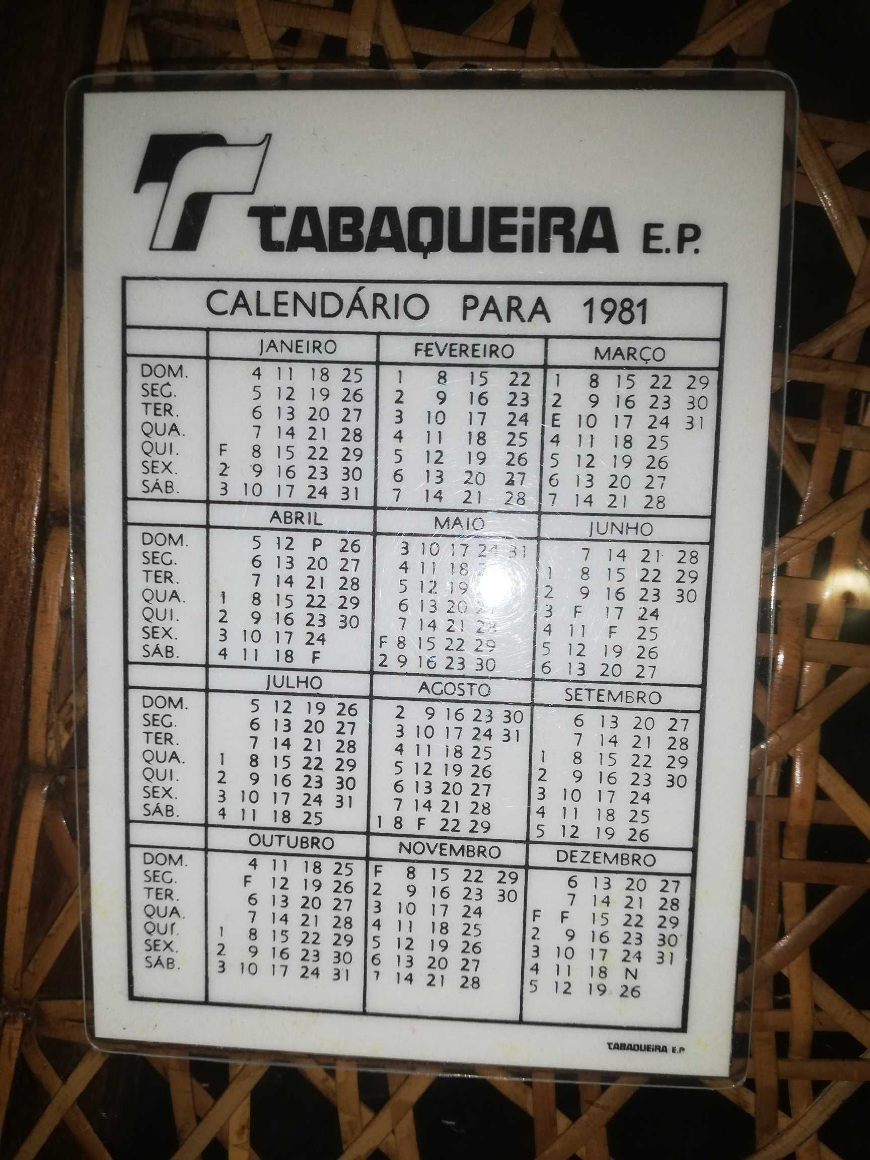 Calendário raro e antigo - tabaco Português Suave