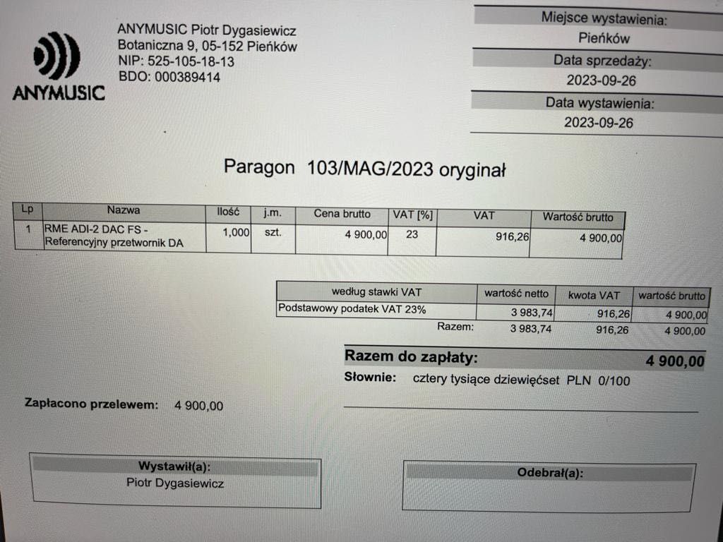 RME ADI-2 DAC FS - nr 1 na świecie w rankingach  DAC GWARANCJA pilot