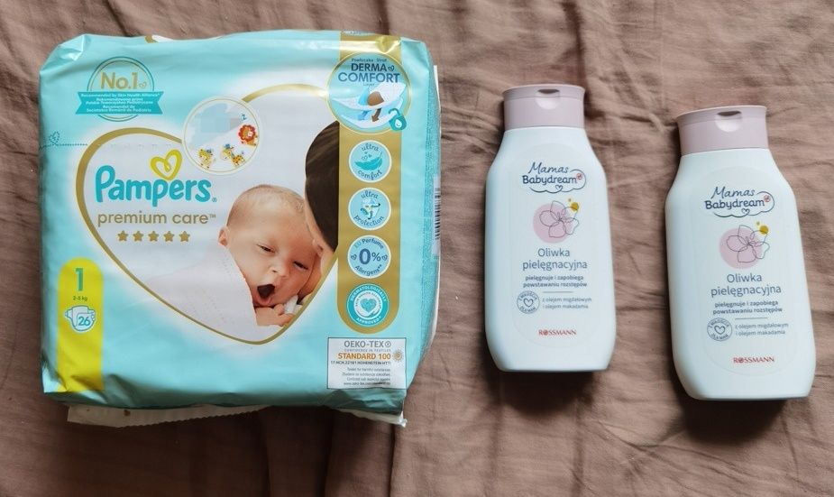 Wyprawka dla niemowląt pampers 1 + oliwka na rozstępy