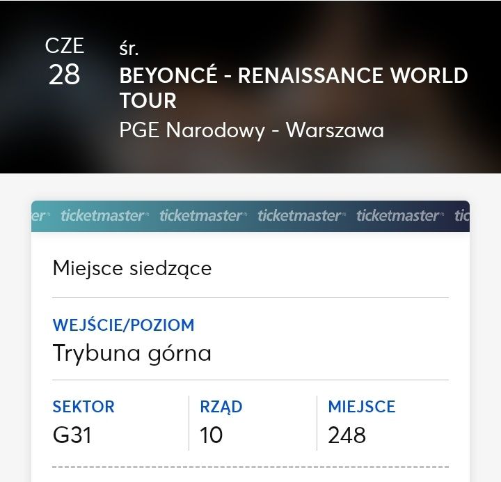 Bilet 1 szt na Beyonce 28 cze