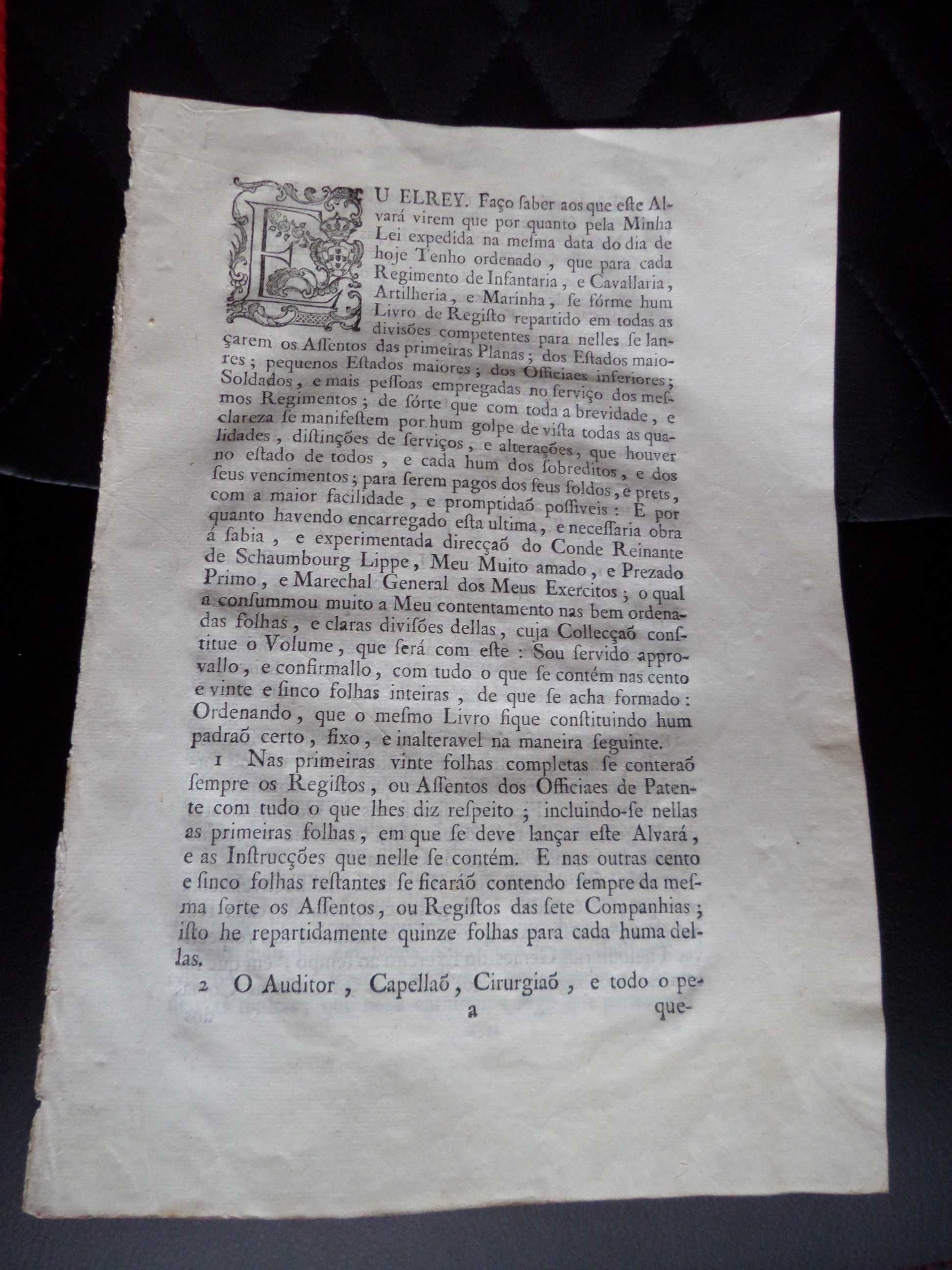 Documento:  Alvará D. José ,  ano  1763- 'Corpos Militares'